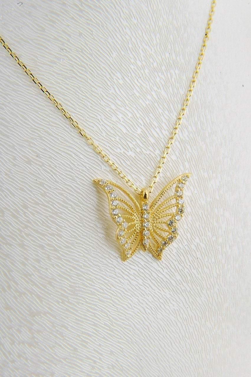 14K Solid Gold Butterfly Necklace - GvenceJewelryDesign